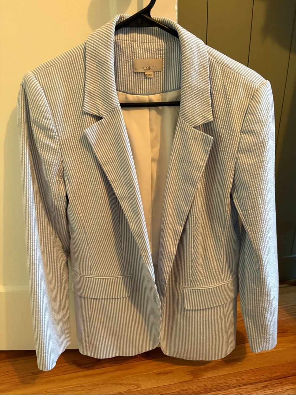 LOFT Light Blue and White Striped Seersucker Blazer
